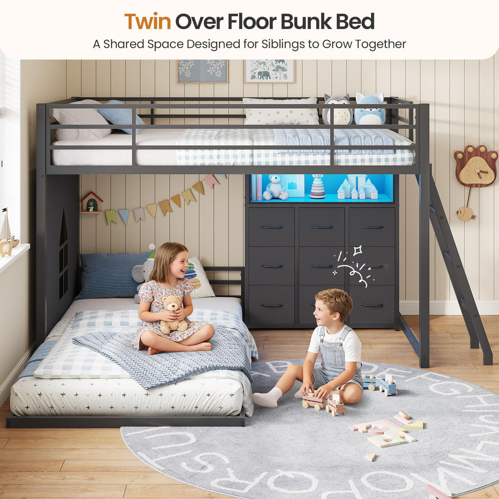 Twin Over Twin Bunk Bed with 9 Storage Drawers K778317
