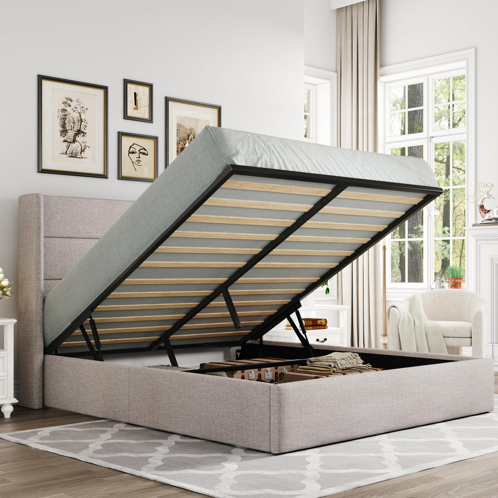 Queen Size Lift Up Storage Bed Frame Light Beige H10848
