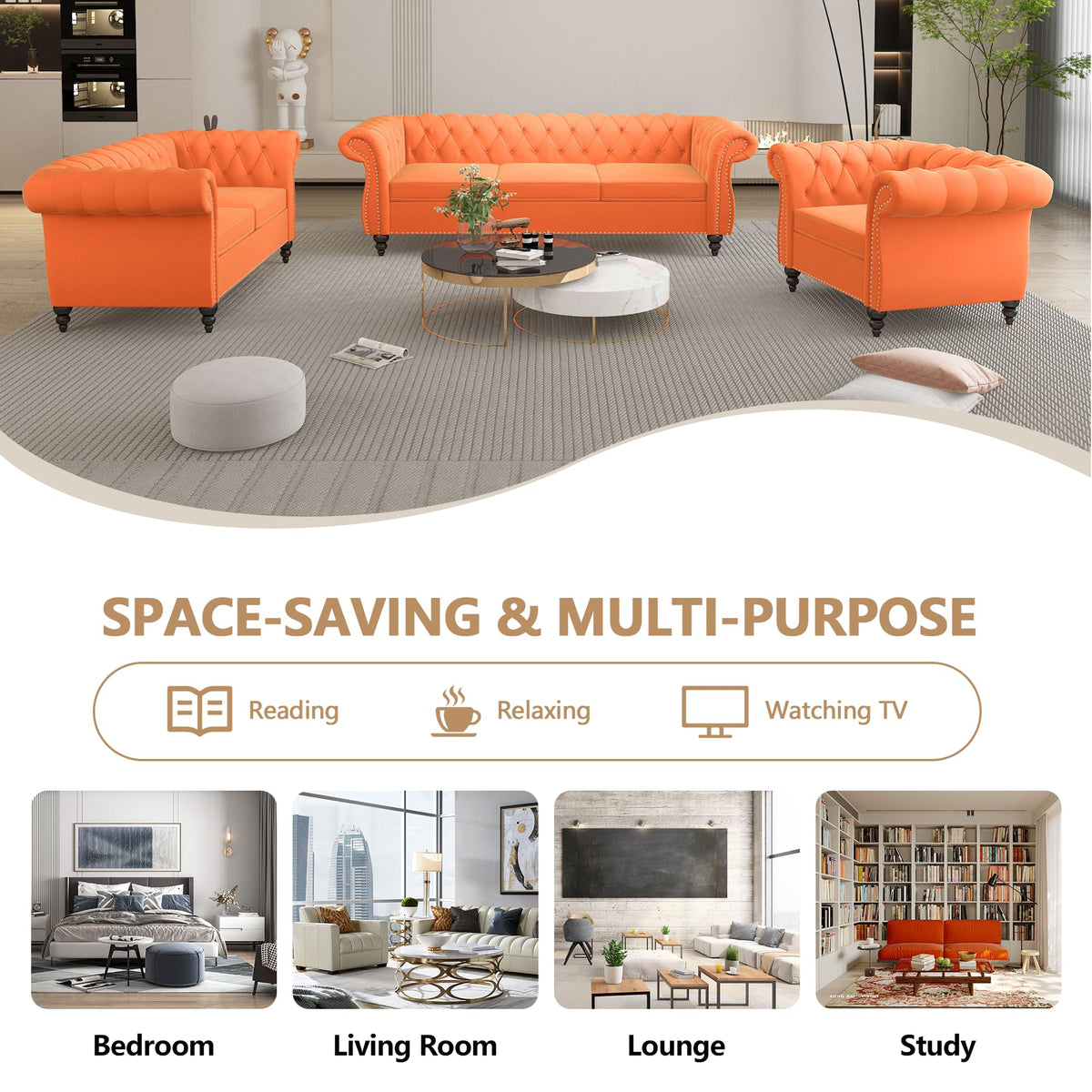 Orange Velvet Tufted Sofa Set T848458