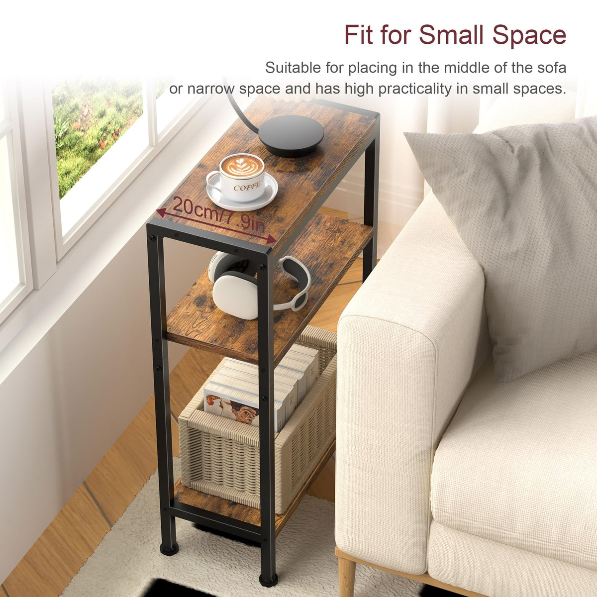 Narrow 3 Tier Slim Side Table Rustic Brown M345