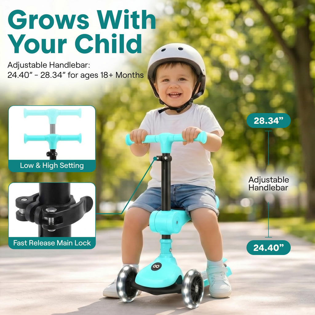 3-Wheel Kids Scooter with Seat, LED Wheels, Adjustable Handlebar V847710