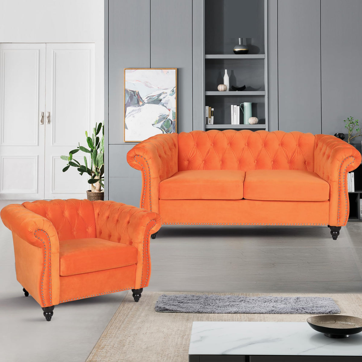 Orange Velvet Tufted Sofa Set T848458