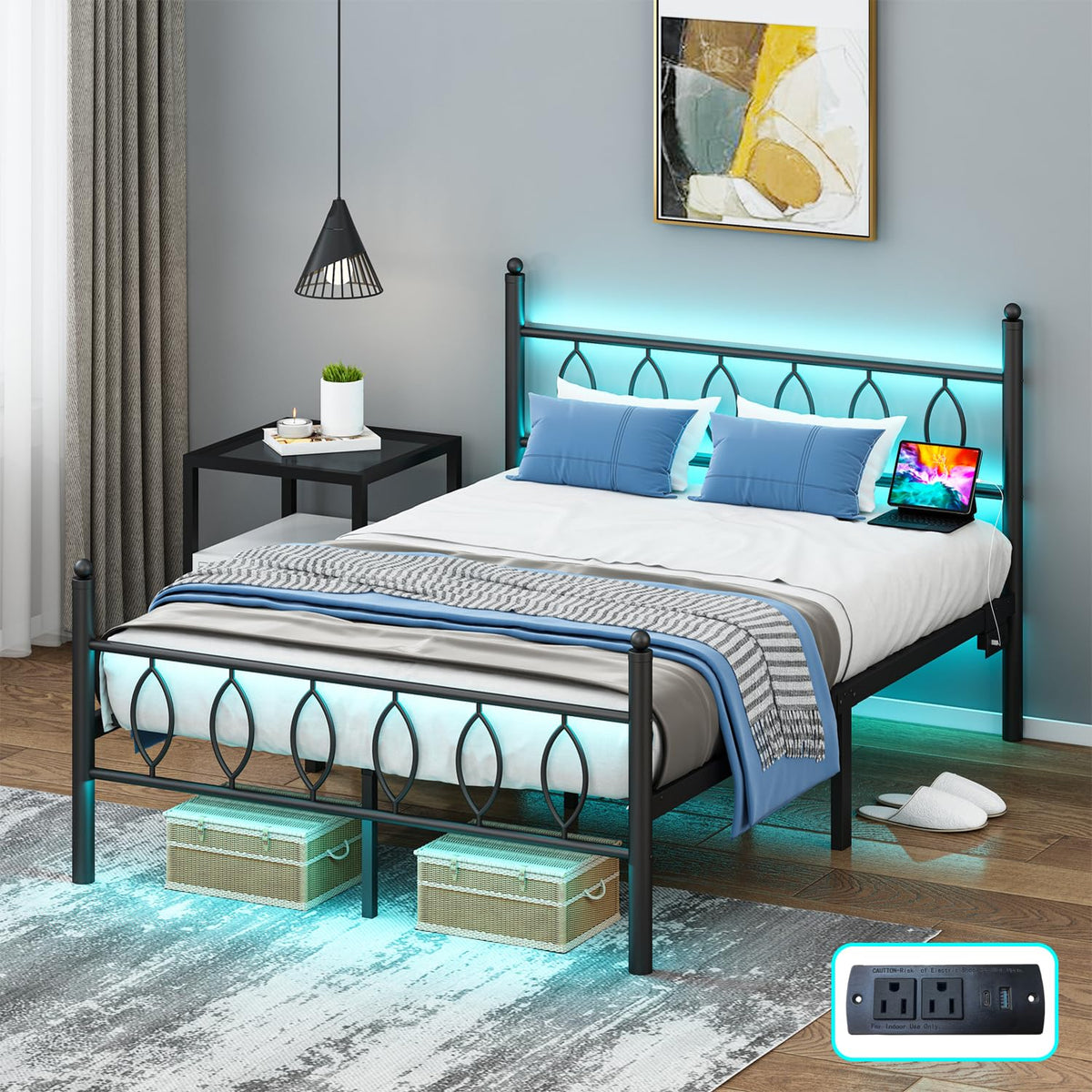 Black Metal Full Size Bed Frame with Headboard and Charging Station C940