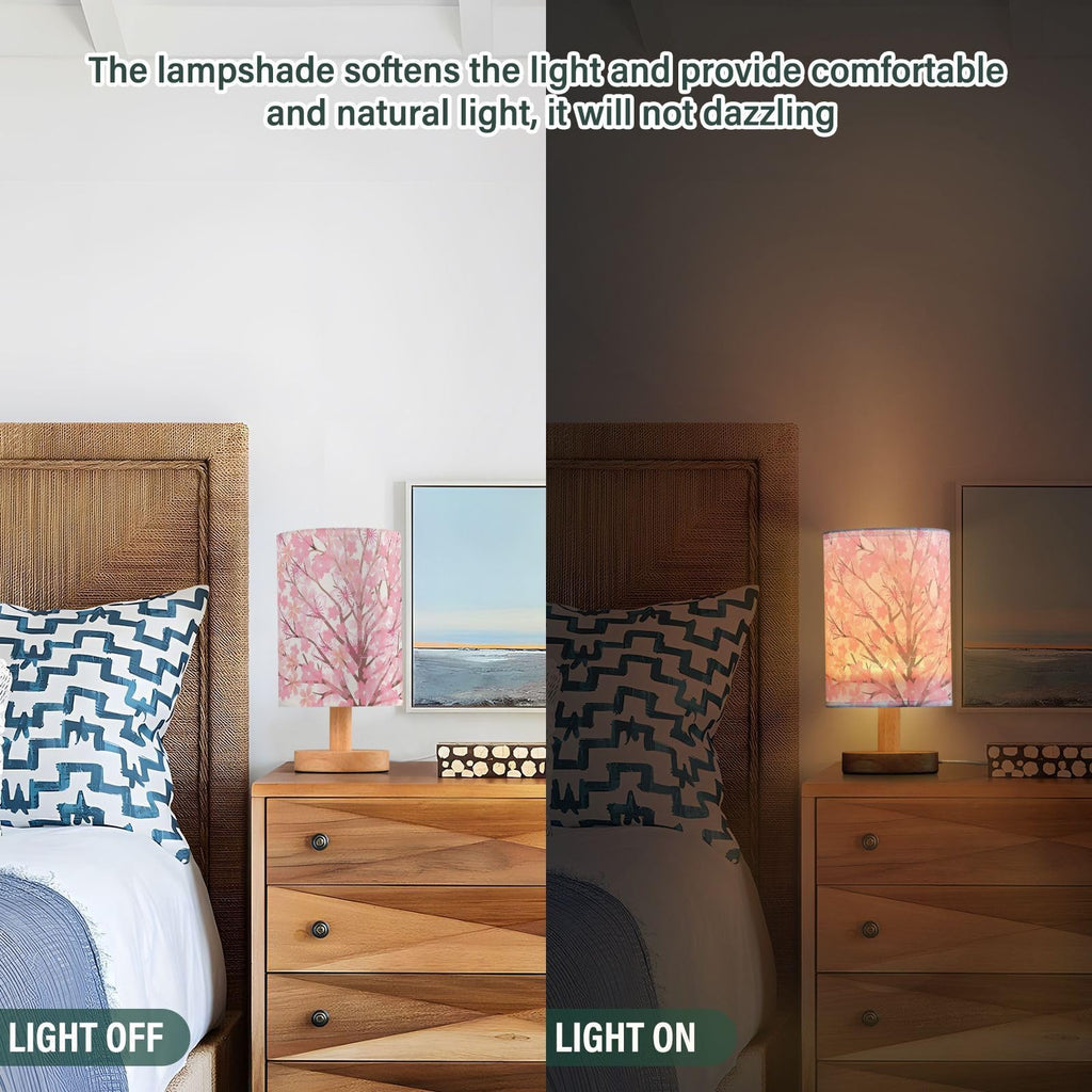 Pink Cherry Blossom Table Lamp with Wood Base Fabric Shade M844217