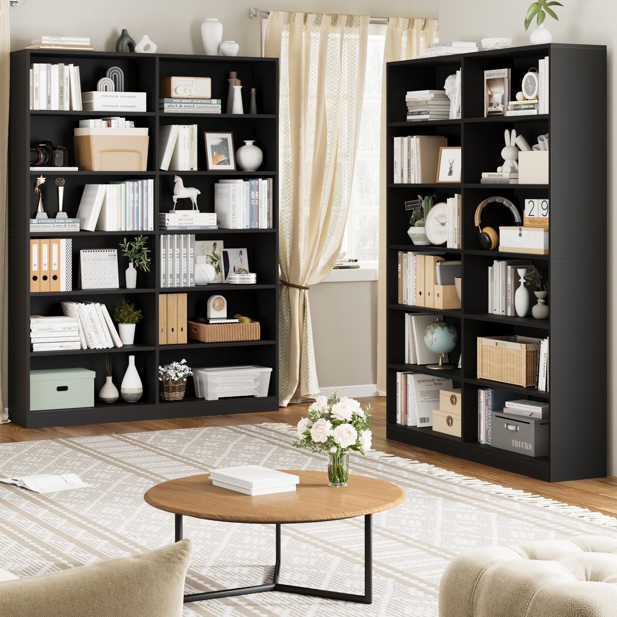 Black 6-Tier Double Wide Bookshelf K2147
