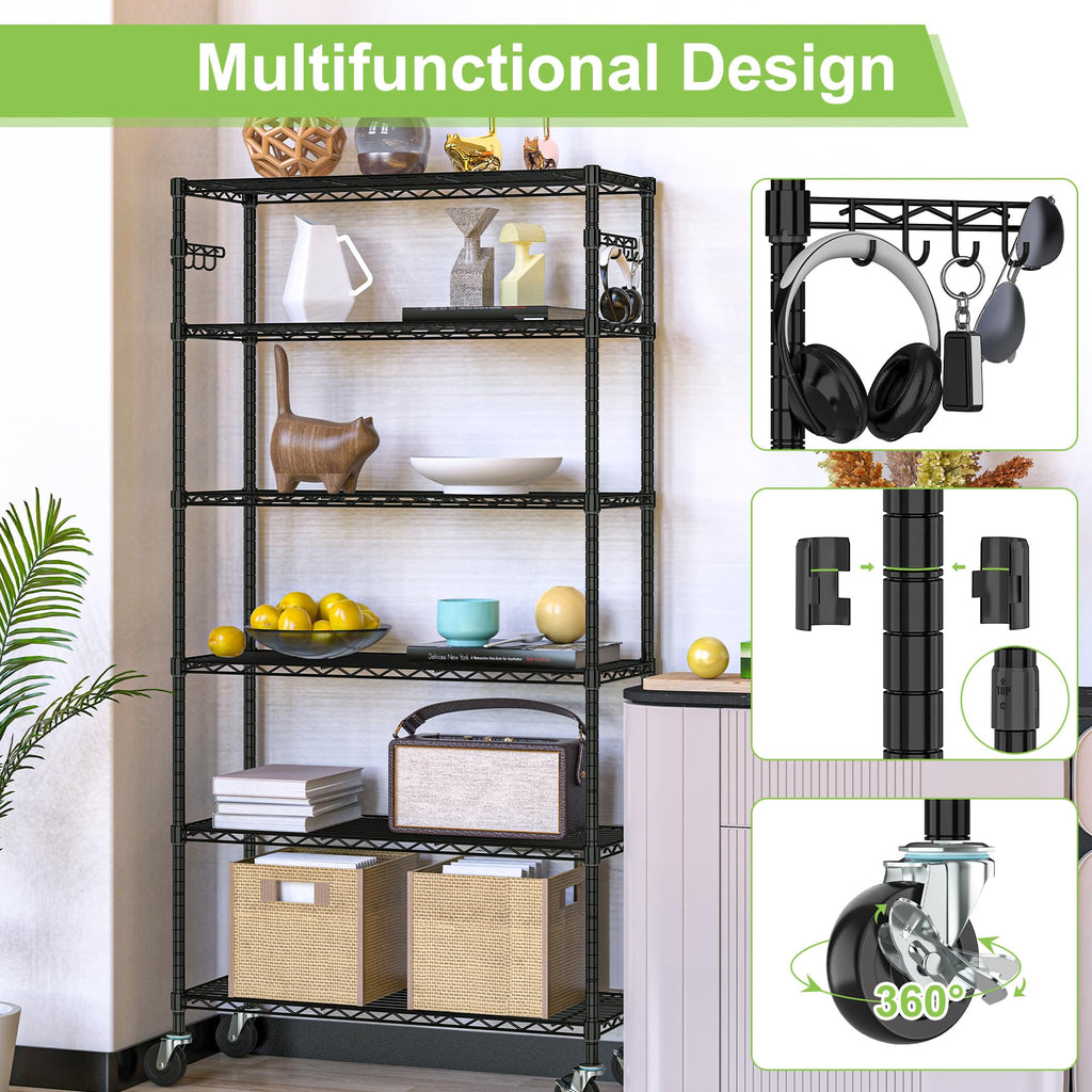 6 Tier Wire Metal Shelving Rack with Wheels C586111