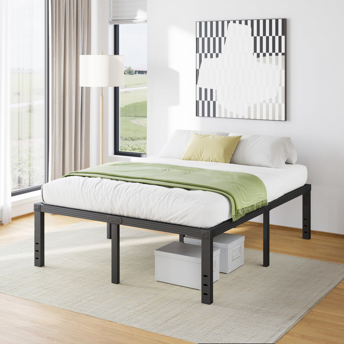 18 Inch High Metal Full Size Platform Bed Frame, Black U828