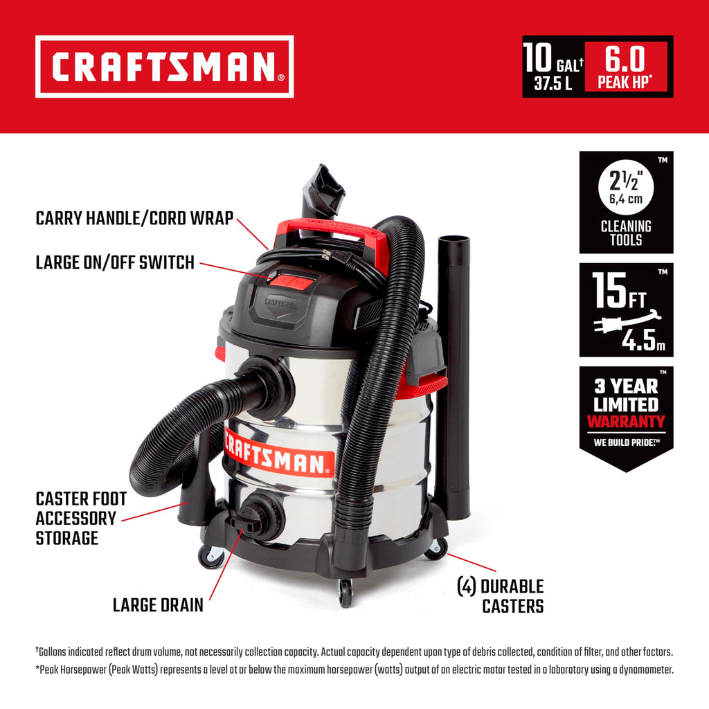 10 Gallon 6.0 Peak HP Stainless Steel Vacuum H831
