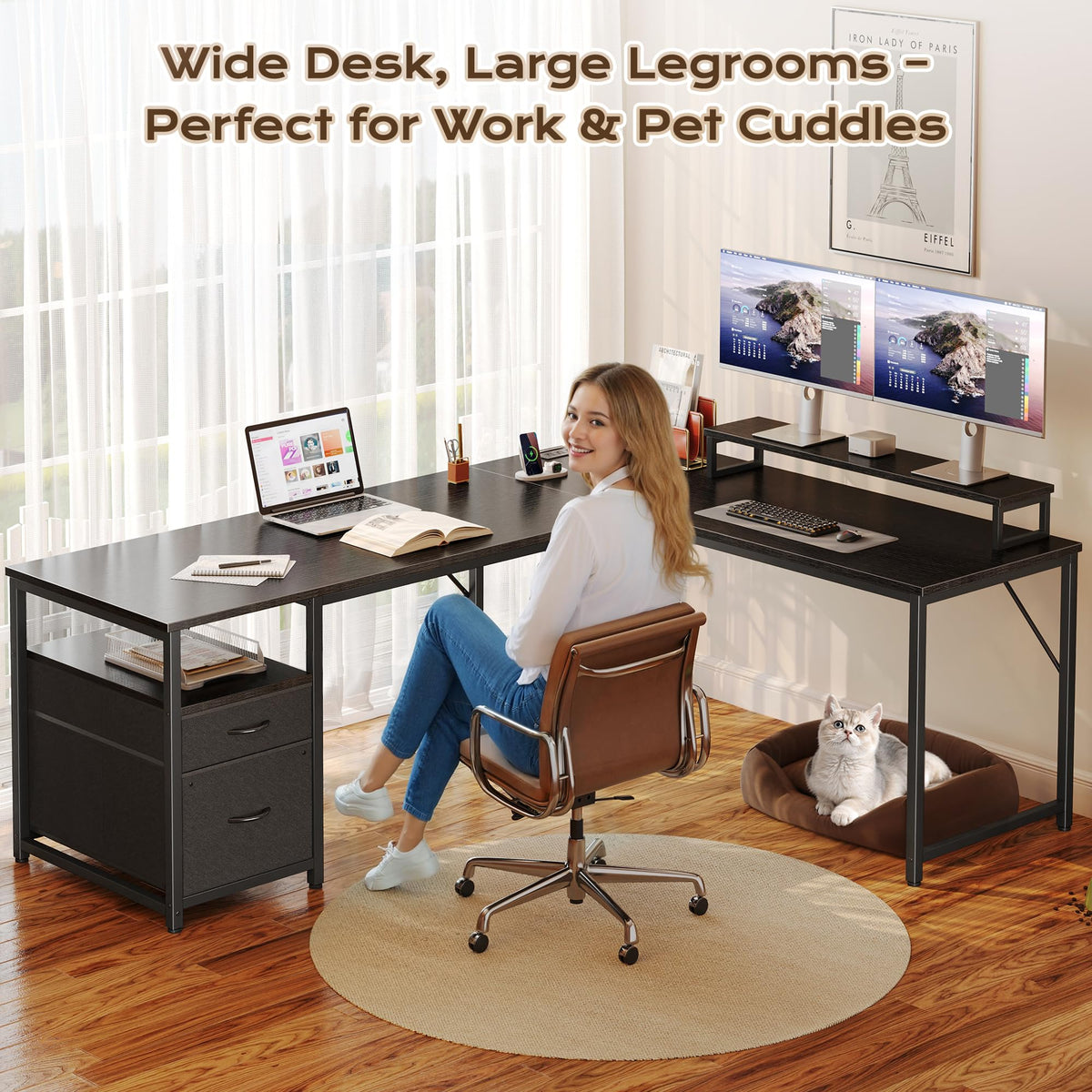63 Inch L Shaped Desk with Power Outlets and USB-C Port, Black B445