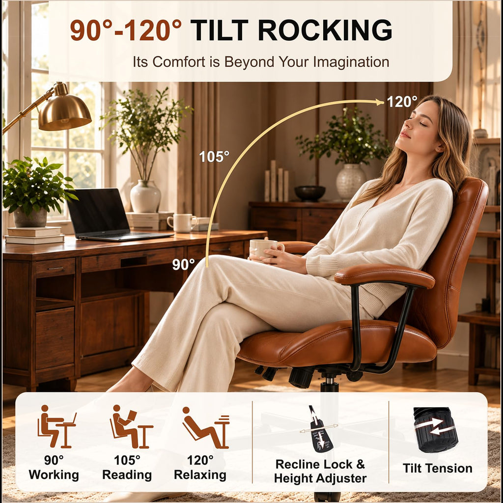 Brown PU Leather Office Chair with Lumbar Support D7348