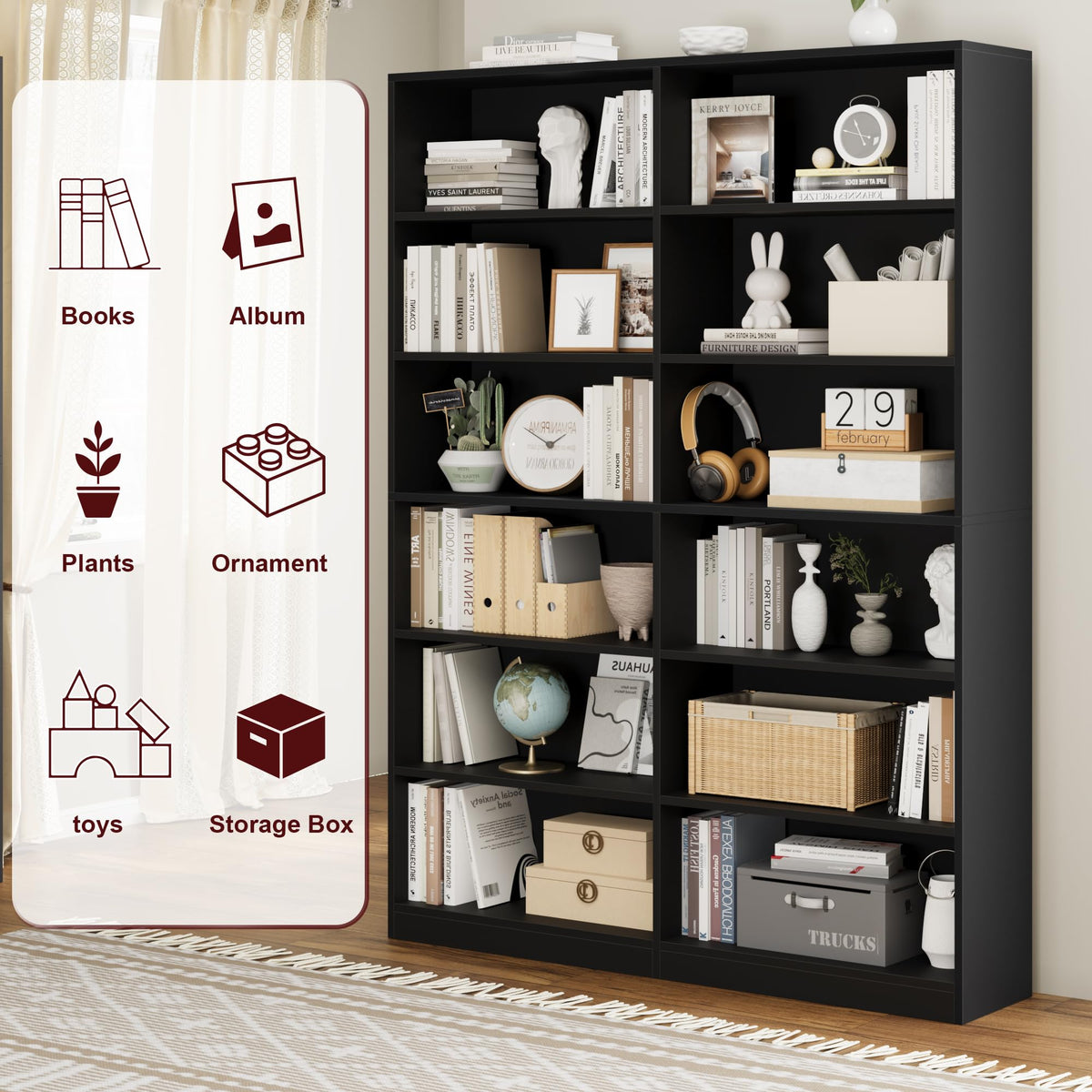 Black 6-Tier Double Wide Bookshelf K2147