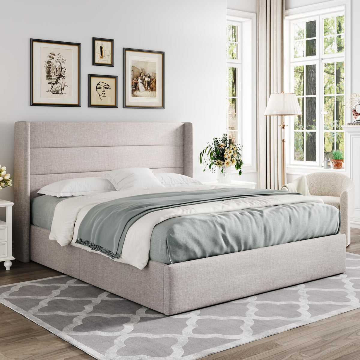 Queen Size Lift Up Storage Bed Frame Light Beige H10848