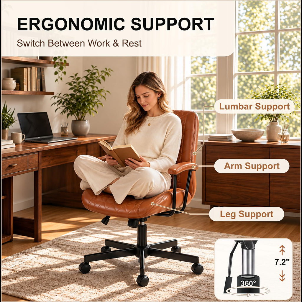 Brown PU Leather Office Chair with Lumbar Support D7348