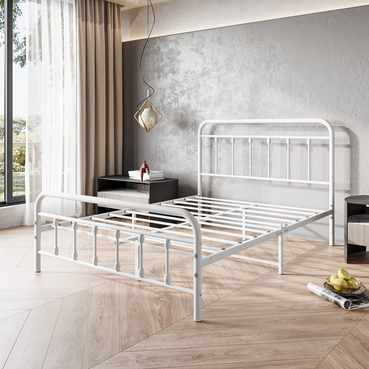 White Full Size Metal Bed Frame with Headboard and Footboard F629
