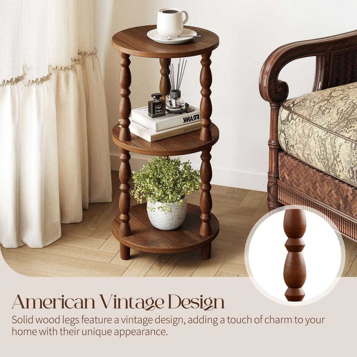 Small Round 3-Tier Wood Side Table with Storage Shelf Y7886