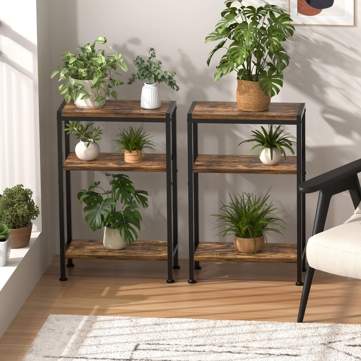 Narrow 3 Tier Slim Side Table Rustic Brown M345