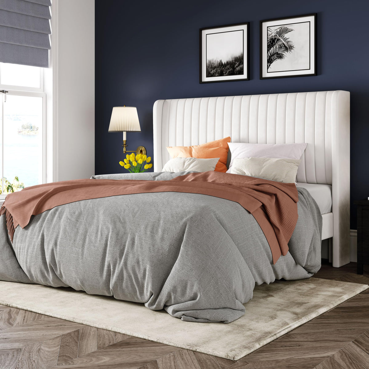 Queen Size White Velvet Upholstered Platform Bed N32216