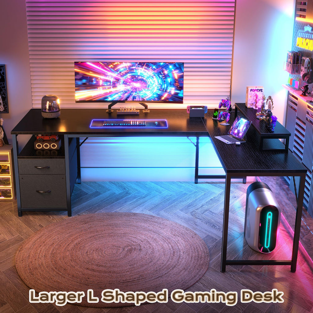 63 Inch L Shaped Desk with Power Outlets and USB-C Port, Black B445