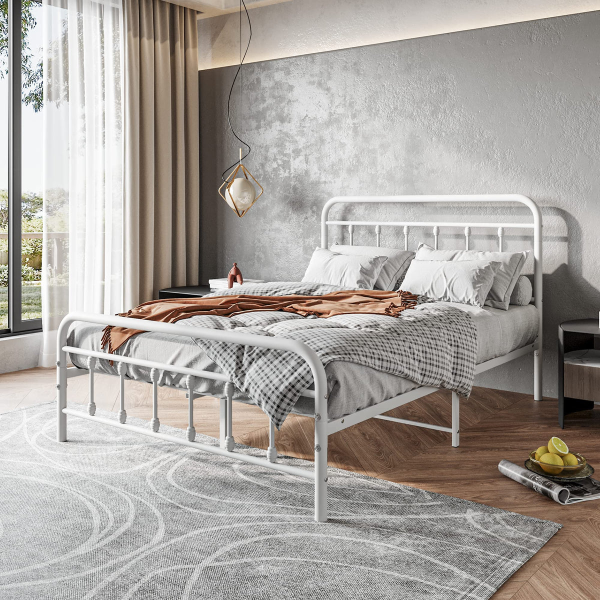 White Full Size Metal Bed Frame with Headboard and Footboard F629