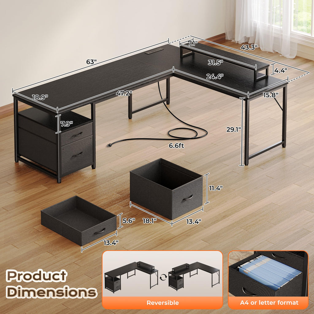 63 Inch L Shaped Desk with Power Outlets and USB-C Port, Black B445