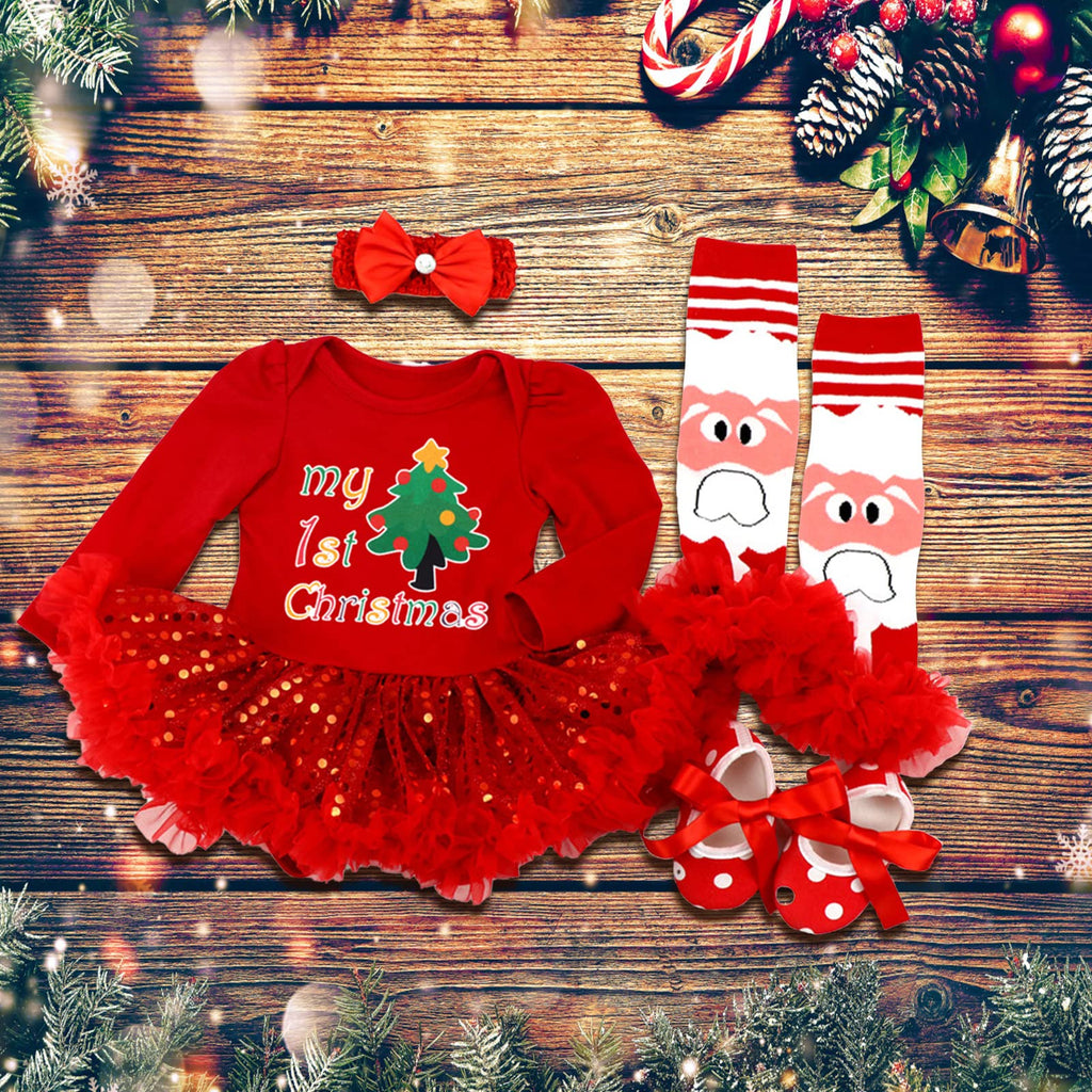 Baby Girls First Christmas Outfit Newborn Romper Tutu Dress with Shoes Headband Leg Warmer Z796002