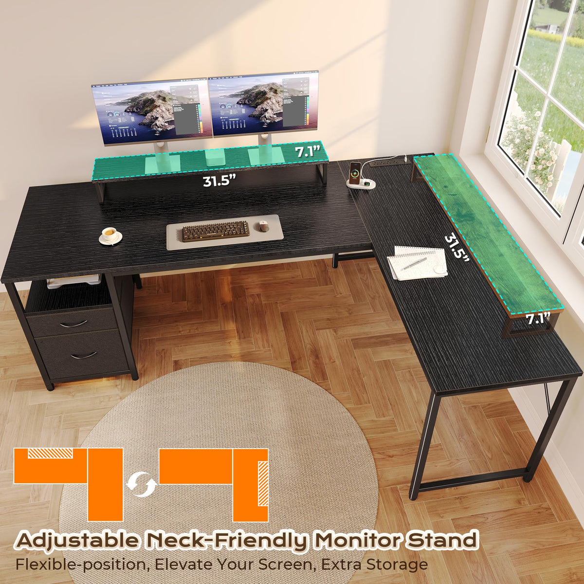 63 Inch L Shaped Desk with Power Outlets and USB-C Port, Black B445