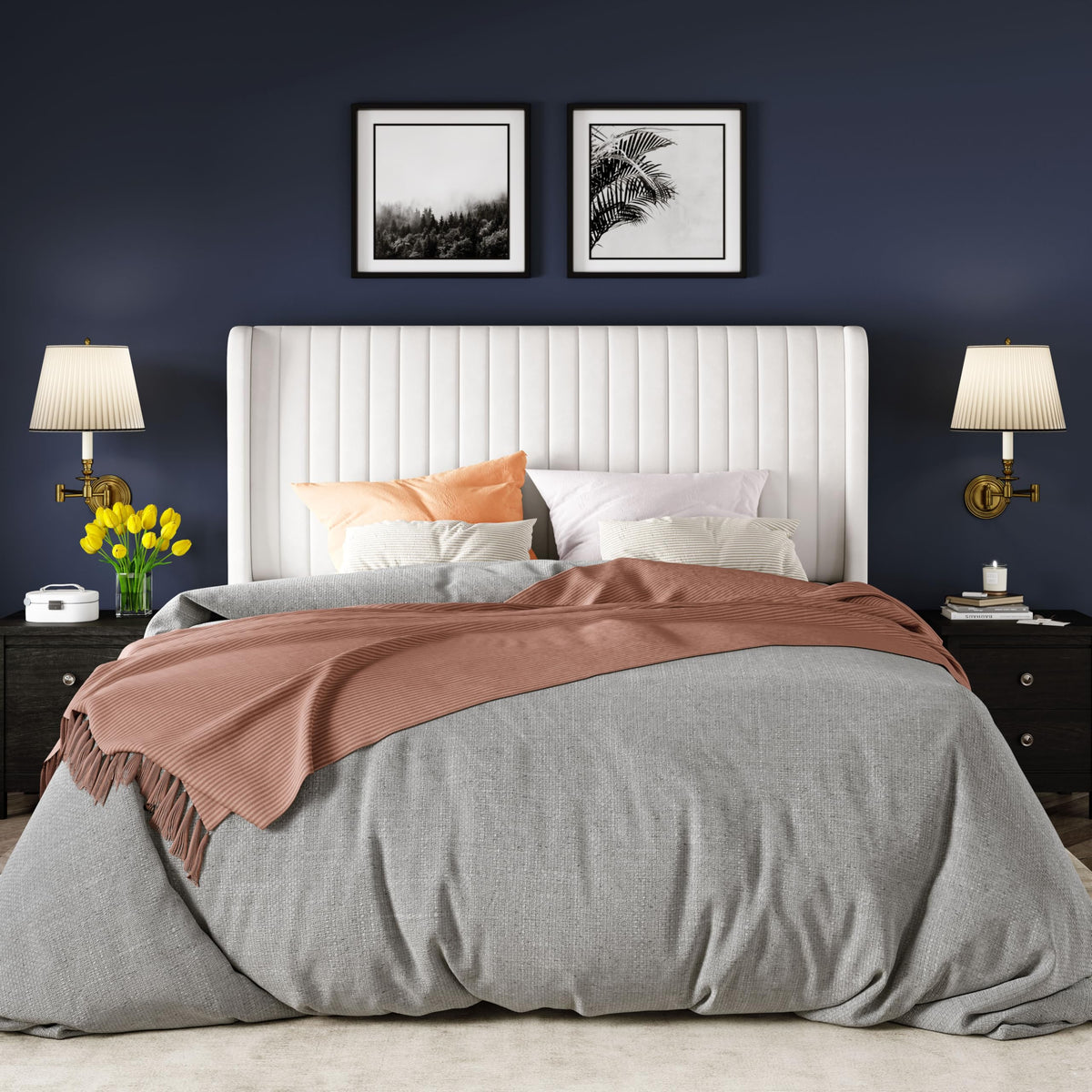 Queen Size White Velvet Upholstered Platform Bed N32216