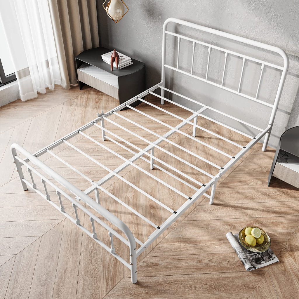 White Full Size Metal Bed Frame with Headboard and Footboard F629