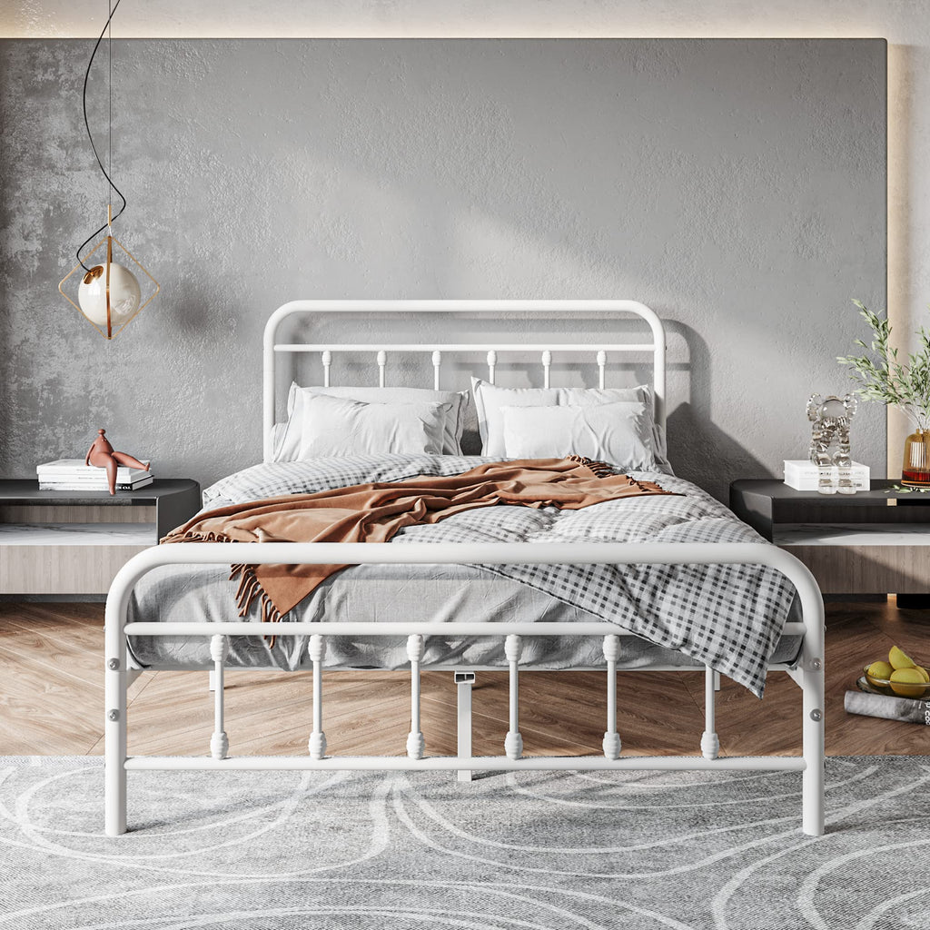 White Full Size Metal Bed Frame with Headboard and Footboard F629