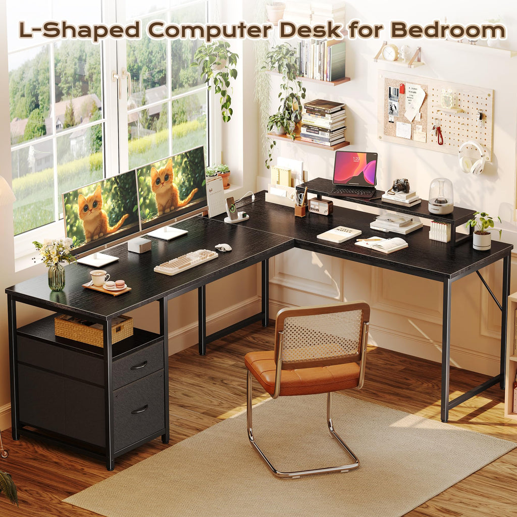 63 Inch L Shaped Desk with Power Outlets and USB-C Port, Black B445